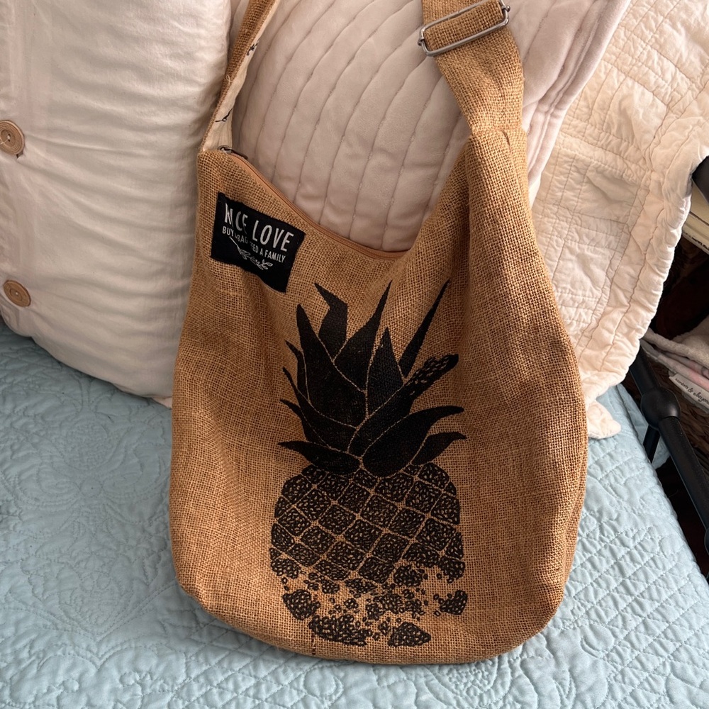 Rice Love Burlap cross body or shoulder Bag with Black Pineapple Design